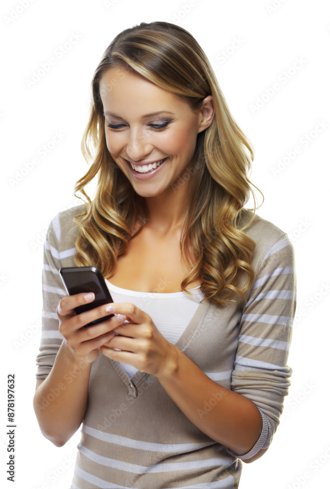 Young woman smiling and reading a text message on her phone, cut out - stock png.
