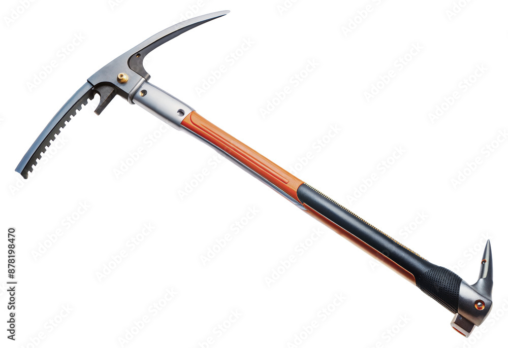 Ice climbing pickaxe with orange handle and serrated adze, cut out - stock png. Ice climbing pickaxe with orange handle and serrated adze, cut out - stock png.
