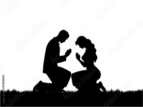 Couple praying on knees silhouette. Men and women praying on knees silhouette.