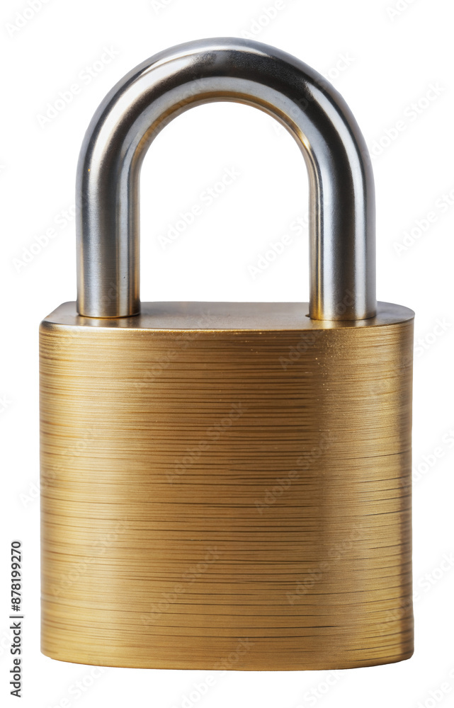 Closed brass padlock with silver arc and brushed finish, cut out - stock png. Closed brass padlock with silver arc and brushed finish, cut out - stock png.