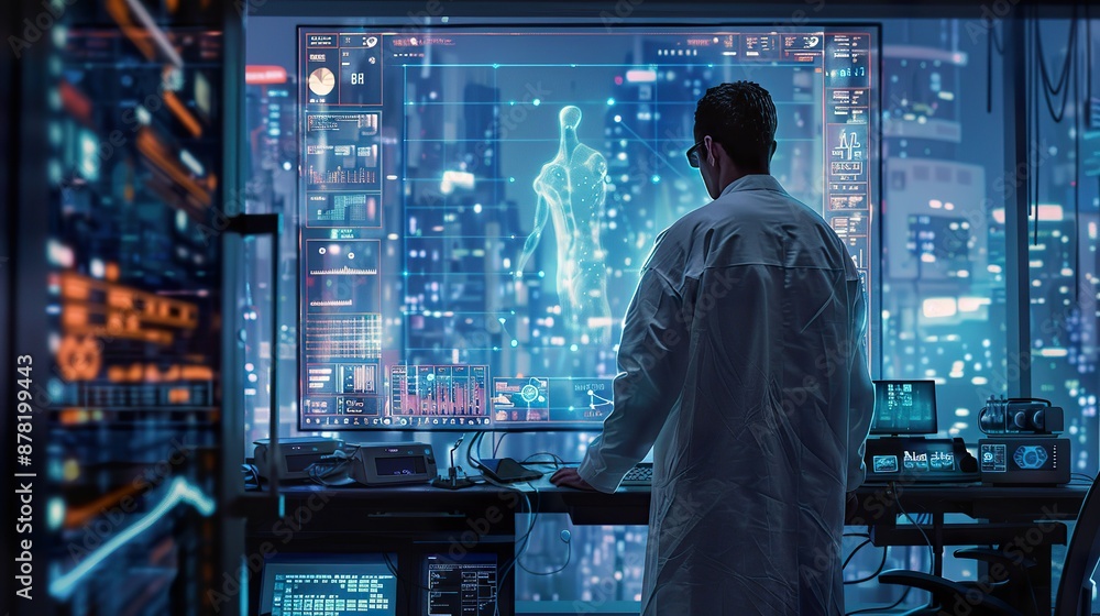 Scientist Working on Advanced AI Research in Futuristic Lab Scientist Working on Advanced AI Research in Futuristic Lab