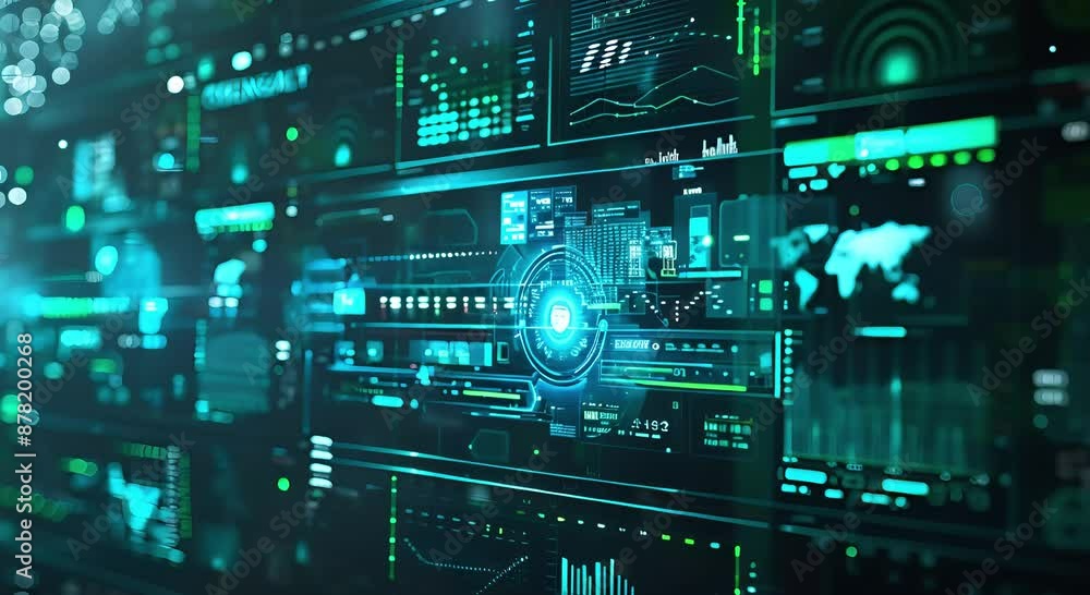 Futuristic digital interface with holographic displays and floating data widgets
Futuristic digital interface with holographic displays and floating data widgets