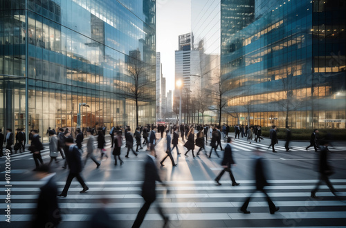 People walking in an urban scene filled with modern buildings and glass facades, capturing the city life
