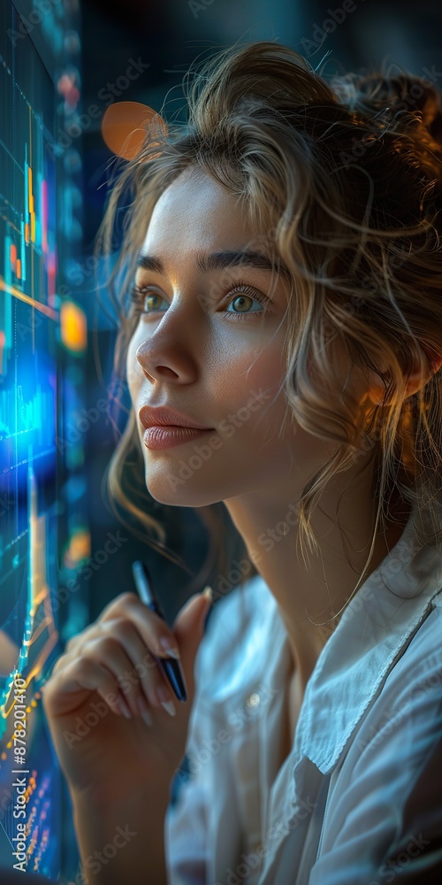 Young Woman Analyzing Digital Financial Charts Young Woman Analyzing Digital Financial Charts