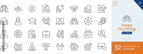 Head Hunting Line Icon Set" typically refers to a collection of line icons related to headhunting or recruiting, often used in graphic design and presentations.