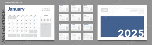 Set of 2025 Calendar Planner Template Pages Monthly, Cover with Place for Photo and Company Logo. Vector layout of a wall or desk calendar with week start Monday for printing. Page size A4-21x29.7cm