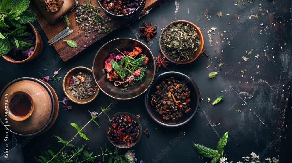 Assorted dried herbs and spices on a wooden table Assorted dried herbs and spices on a wooden table