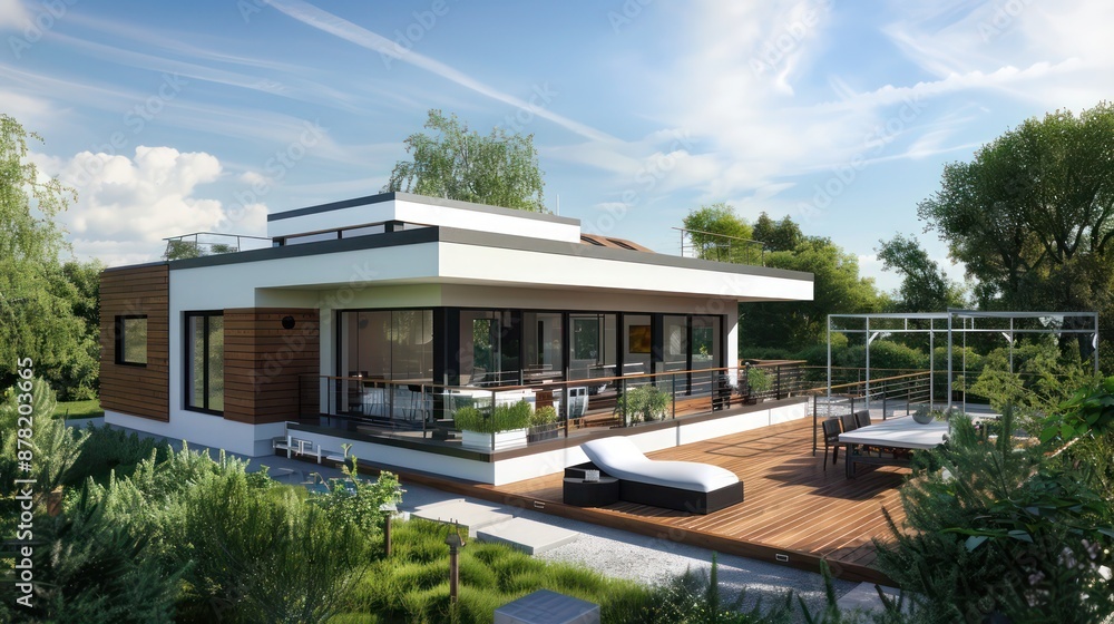 contemporary suburban farmhouse with a sleek design, featuring a rooftop deck with panoramic views of the surrounding area contemporary suburban farmhouse with a sleek design, featuring a rooftop deck with panoramic views of the surrounding area