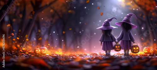 Two Children in Witch Costumes Trick-or-Treating in Autumn Park