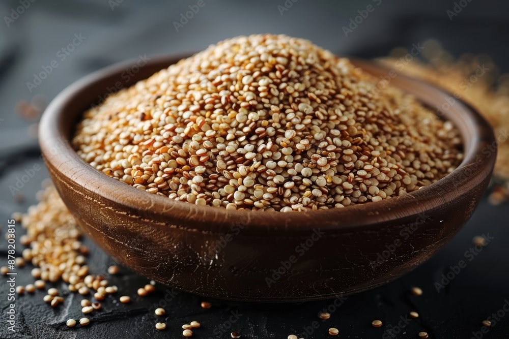 A detailed close-up of a wooden bowl filled with raw quinoa seeds, showcasing the texture and color variations of the grains in a simple, natural setting A detailed close-up of a wooden bowl filled with raw quinoa seeds, showcasing the texture and color variations of the grains in a simple, natural setting