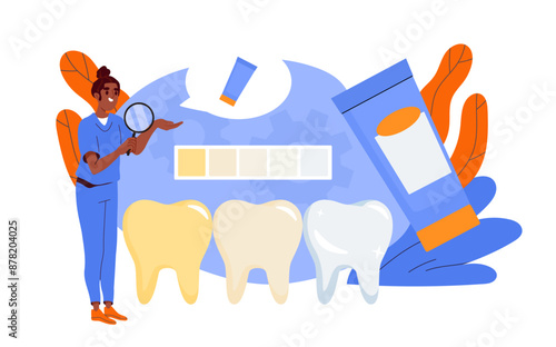 Teeth whitening concept. Woman in medical uniform with magnifying glass analyzes teeth. Cleanliness and hygiene of oral cavity. Stomatology and dentistry. Cartoon vector illustration