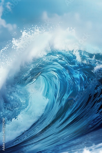 A stunning photograph capturing the raw power and beauty of a large ocean wave crashing under a clear blue sky. © Sunshine