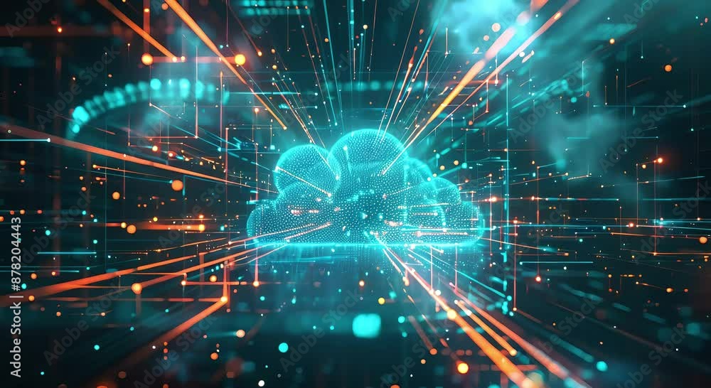 Futuristic cloud computing concept with glowing holographic cloud and digital pathways
Futuristic cloud computing concept with glowing holographic cloud and digital pathways