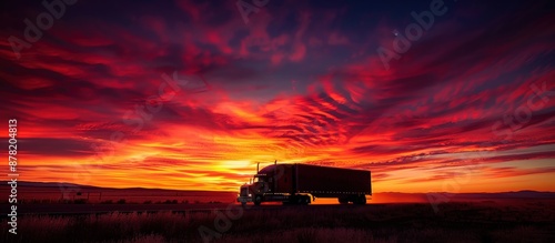 A breathtaking sunset with a silhouetted truck driving on an open highway, showcasing vibrant and dramatic sky colors. photo