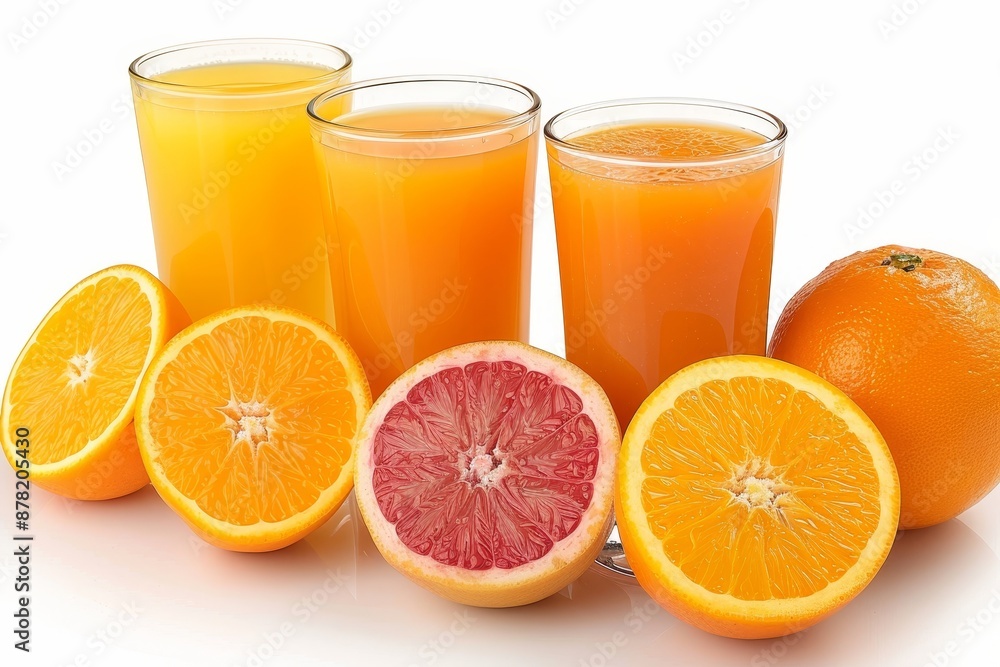 Three glasses filled with citrus juices - orange, grapefruit, and blood orange. Vibrant colors on white background, isolated with clipping path. Ideal for design projects Three glasses filled with citrus juices - orange, grapefruit, and blood orange. Vibrant colors on white background, isolated with clipping path. Ideal for design projects