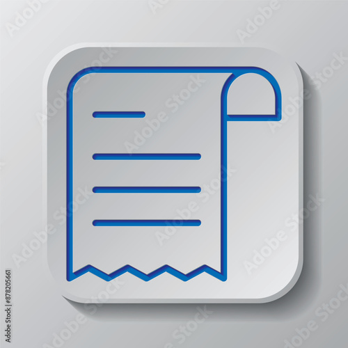 Bill simple icon vector. Flat design. Paper cut design. Cutted blue symbol with shadow. Gray badge button, gray background
