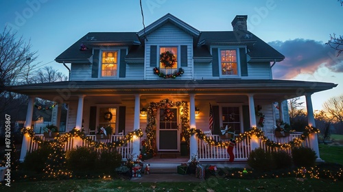 festive suburban farmhouse decorated for the holidays, with twinkling lights and garlands around the porch and windows photo