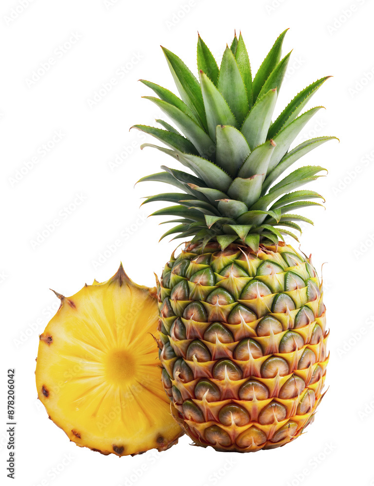 Fototapeta premium Whole and sliced pineapple fruit, cut out - stock png.
