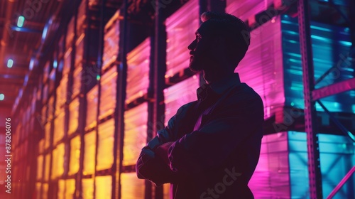 A silhouette of a man standing in front of a colorful, neon-lit wall.