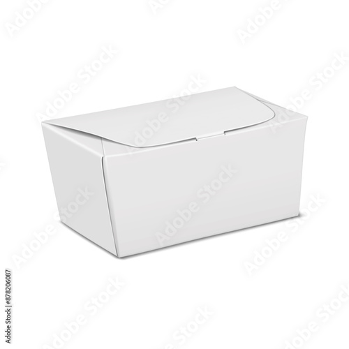 White blank flat pack box with locking lid. Realistic 3d vector mock-up. Cardboard gift box. Mockup. Food packaging. Template for design