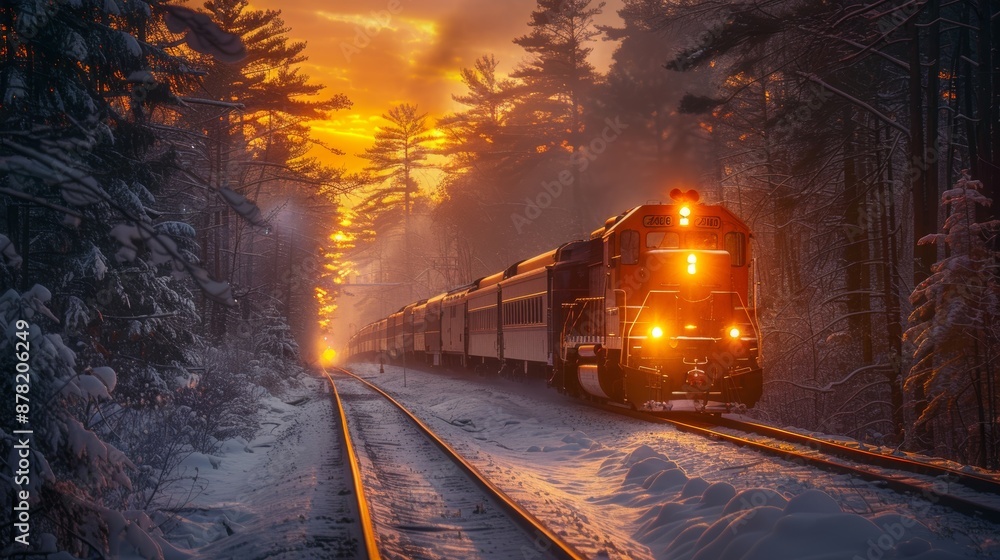 A nostalgic train journey through a winter wonderland with the golden glow of the setting sun piercing through a snowy forest, creating a mesmerizing scene A nostalgic train journey through a winter wonderland with the golden glow of the setting sun piercing through a snowy forest, creating a mesmerizing scene