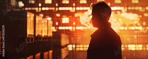 Silhouette of a man standing in front of a glowing city background.