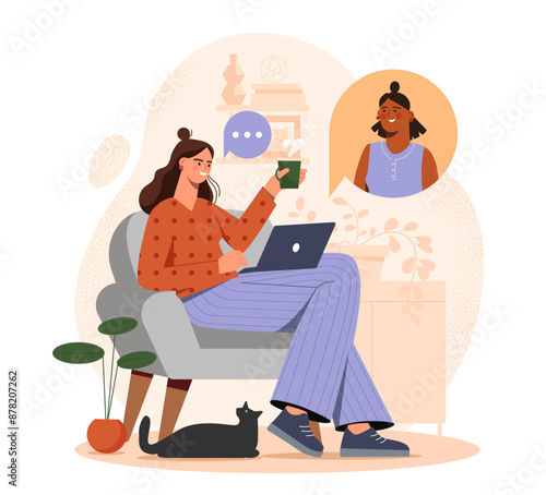 Woman with video call. Young girl with mug of hot drink and laptop communicates with friend. Communication in social networks and messengers. Cartoon vector illustration isolated on white background
