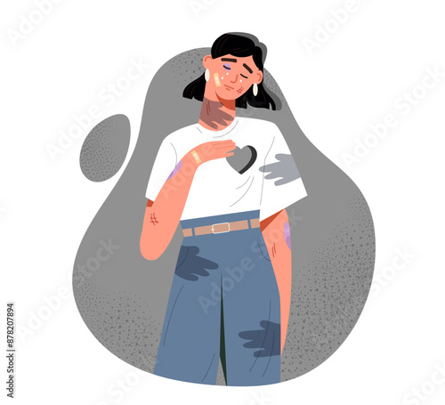 Violence against women. Young girl in dirty and torn clothes stands with bruises. Stop sexual and gender discrimination. Tolerance and unity. Cartoon vector illustration isolated on white background