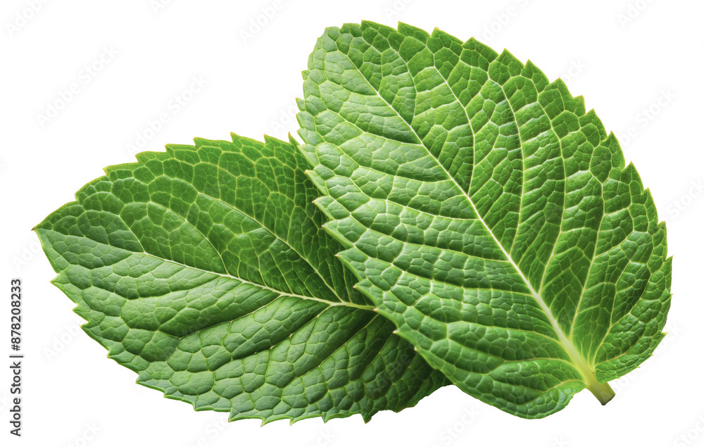 Two green mint leaves, cut out - stock png. Two green mint leaves, cut out - stock png.