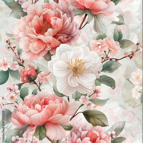 Elegant watercolor floral pattern, featuring peonies and cherry blossoms in soft shades of pink and white, with delicate green leaves