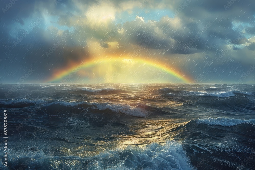A rainbow arcing over a stormy sea. A rainbow arcing over a stormy sea.