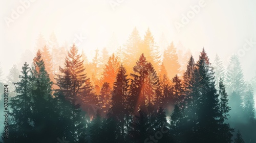 Silhouetted pine trees stand tall against a hazy, golden sunrise. © Liffer
