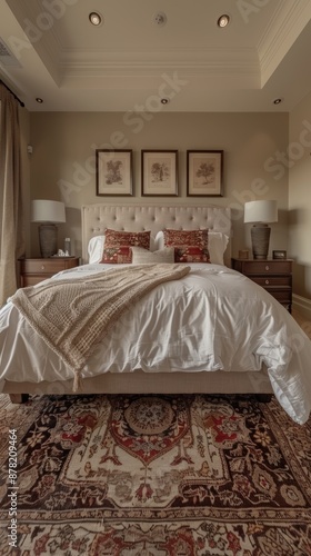 A spacious and elegantly designed bedroom featuring a plush bed with intricate patterns and warm lighting creating a cozy and inviting ambiance