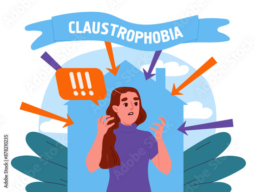 Woman with claustrophobia. Young girl afraid of closed spaces. Negative feelings and emotions. Mental and psychological problems. Cartoon vector illustration isolated on white background