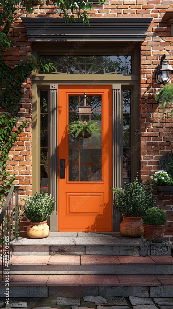 Orange Front Door With Brick Facade Orange Front Door With Brick Facade
