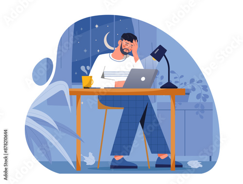Man work late. Sad young guy sits with laptop in office until night. Inefficient workflow and poor time management. Overworked manager with mental burnout. Cartoon vector illustration