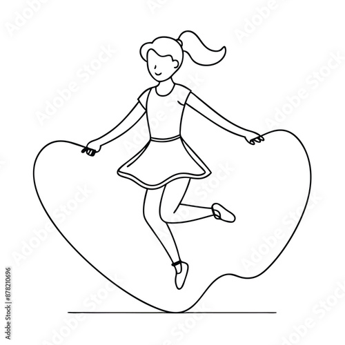 a girl jumping rope, line art vector illustration isolated on a white background 