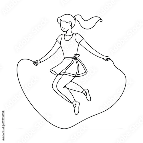 a girl jumping rope, line art vector illustration isolated on a white background 