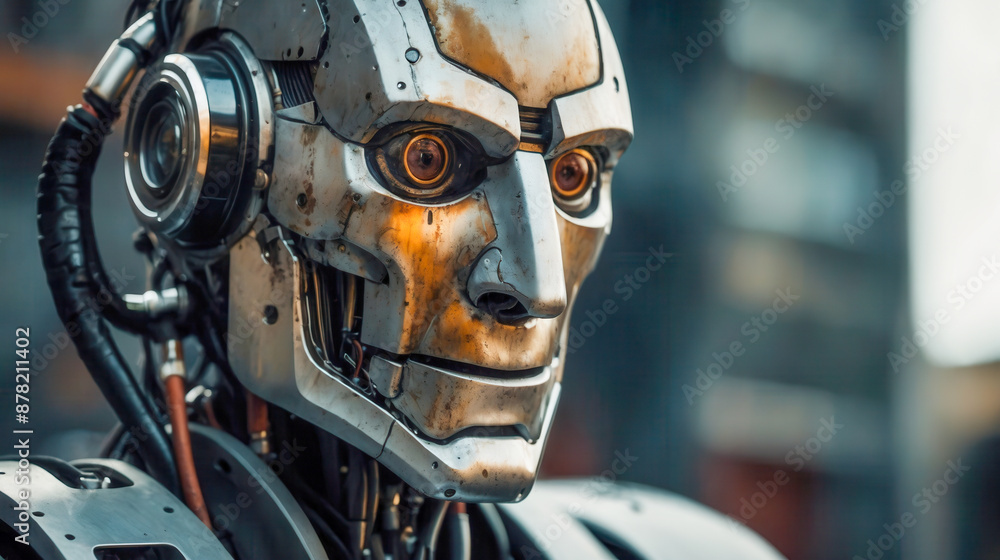 A close-up portrait of an old robot with a metallic head, piercing eyes, and complex wiring, set against a blurred city backdrop A close-up portrait of an old robot with a metallic head, piercing eyes, and complex wiring, set against a blurred city backdrop