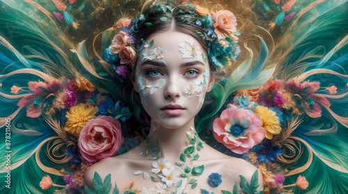 A young woman with delicate features is surrounded by colorful flowers and green leaves, her skin adorned with delicate petals