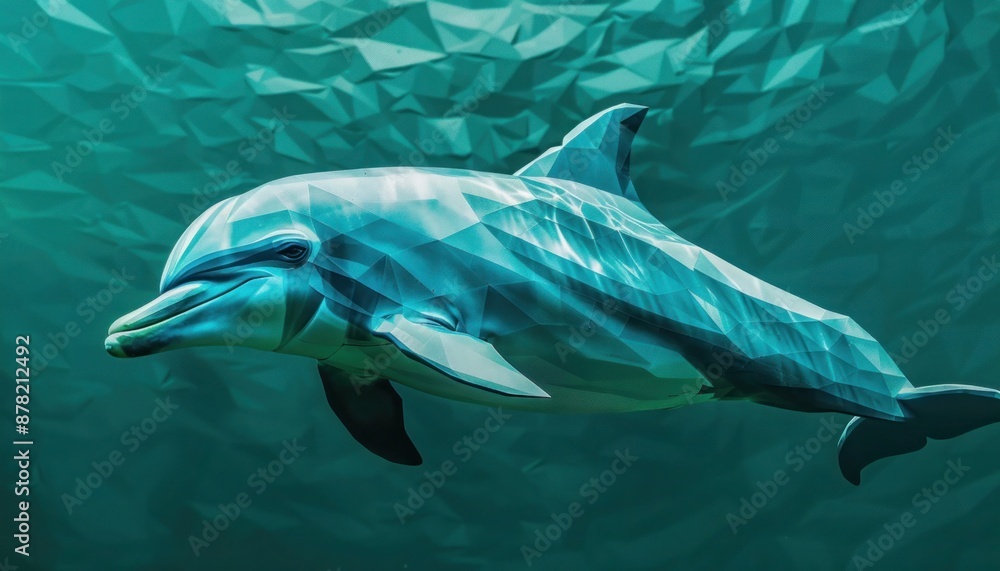 Fototapeta premium Cyan paper mosaic of a serene dolphin swimming, blending marine life with artistic elegance.