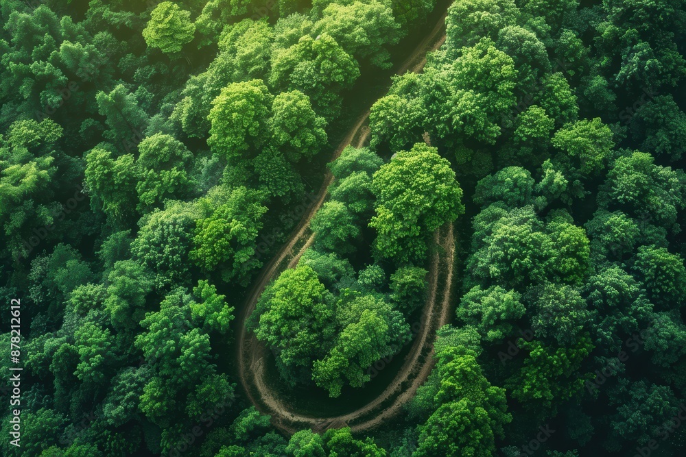 Aerial view of a winding pathway cutting through a lush green forest, showcasing dense foliage and vibrant tree canopies under soft sunlight Aerial view of a winding pathway cutting through a lush green forest, showcasing dense foliage and vibrant tree canopies under soft sunlight