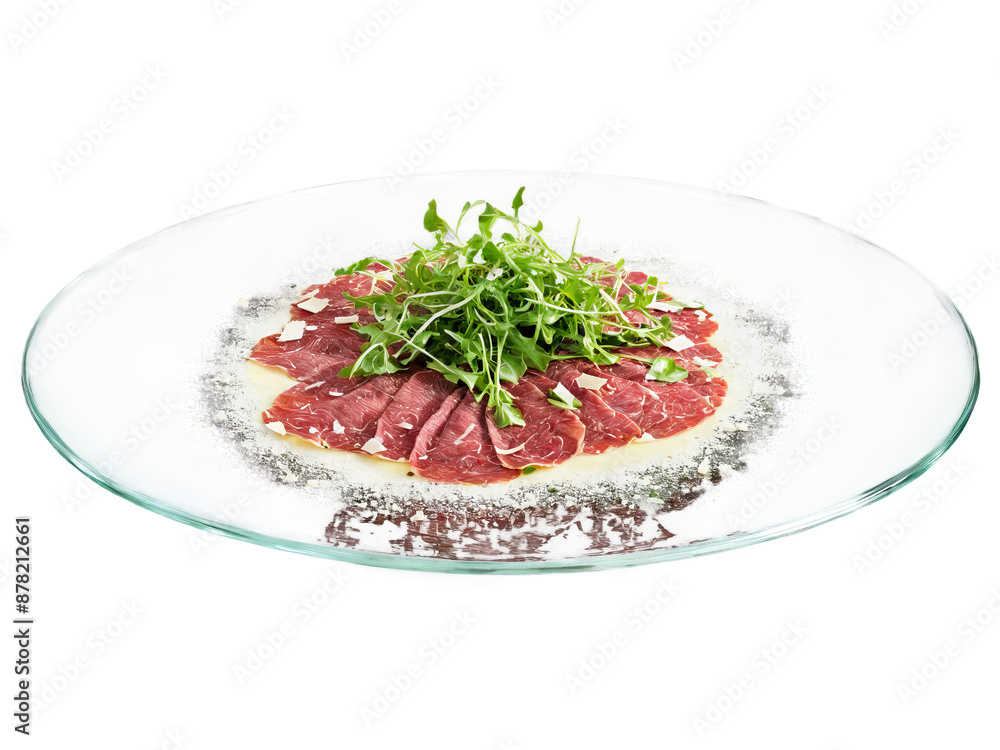 Beef Carpaccio with arugula Parmesan and truffle oil served on a transparent glass plate Italian Beef Carpaccio with arugula Parmesan and truffle oil served on a transparent glass plate Italian