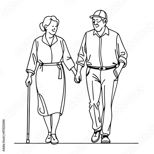 a senior couple walking hand in hand.  line art vector 