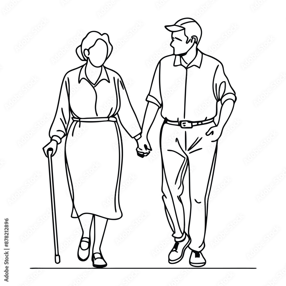 a senior couple walking hand in hand. line art vector a senior couple walking hand in hand. line art vector