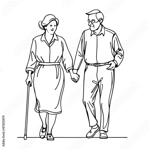 a senior couple walking hand in hand.  line art vector 