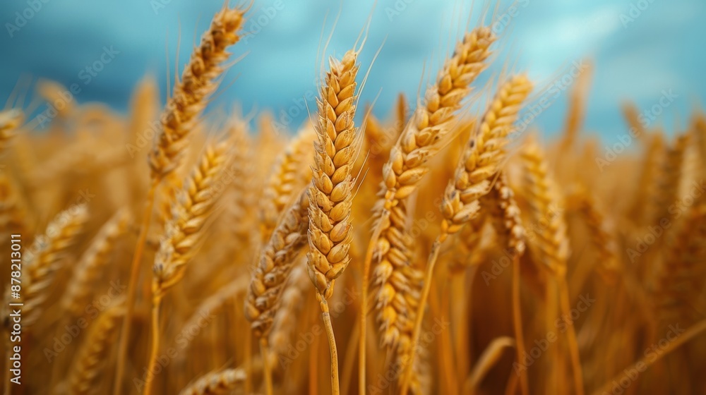 An expansive field of golden wheat under a cloudy blue sky, with the stalks standing tall and swaying gently in the breeze, in a serene rural landscape An expansive field of golden wheat under a cloudy blue sky, with the stalks standing tall and swaying gently in the breeze, in a serene rural landscape