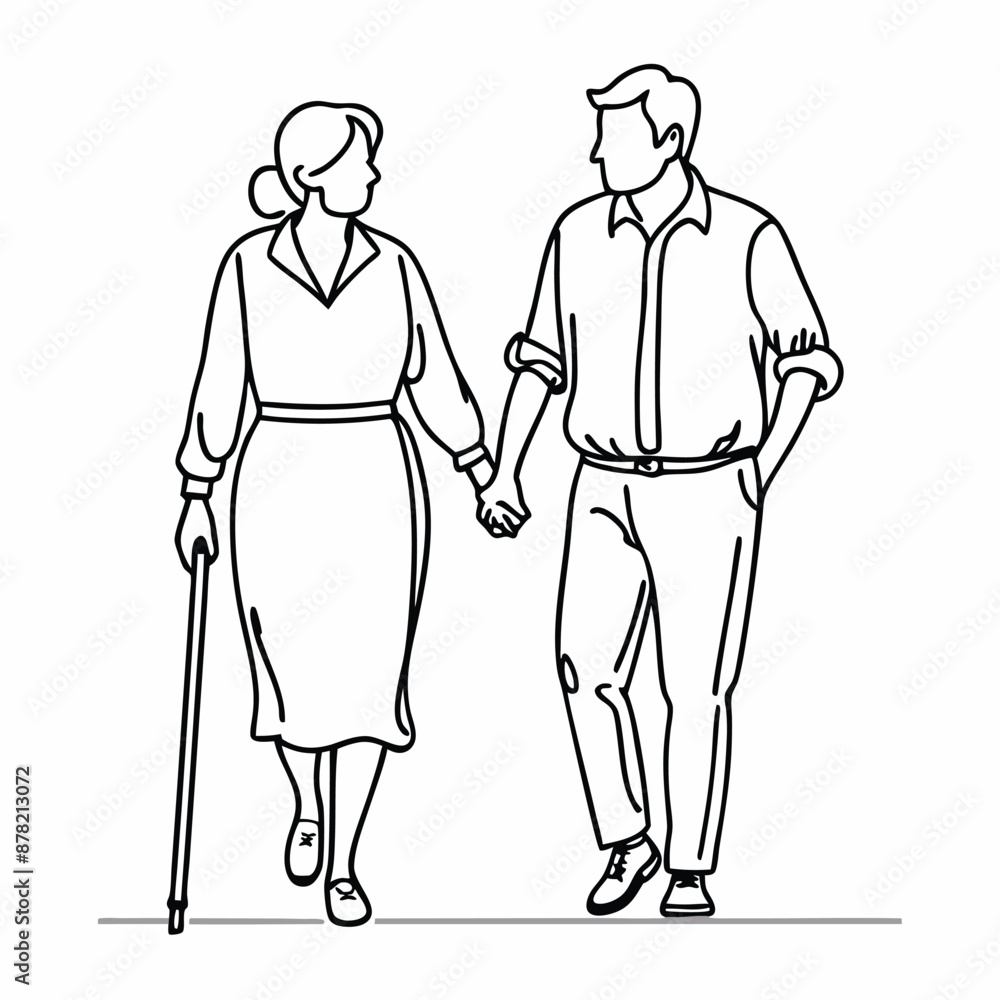 a senior couple walking hand in hand. line art vector a senior couple walking hand in hand. line art vector