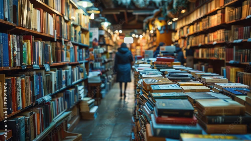 An image depicting a bustling bookstore with rows of bookshelves filled to capacity, while a person wanders through the aisles, creating a warm and inviting atmosphere for book lovers and readers An image depicting a bustling bookstore with rows of bookshelves filled to capacity, while a person wanders through the aisles, creating a warm and inviting atmosphere for book lovers and readers