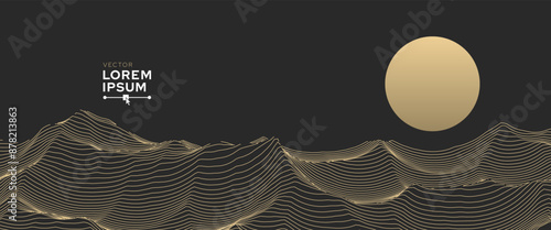 Abstract Landscape Mountain Golden Line Art Background. Golden Wavy Lines Isolated on Dark Background. Luxury Style Art Decoration Backdrop. Vector Illustration.